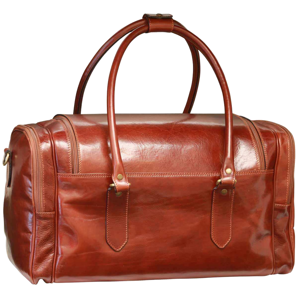Borsa da viaggio in pelle pieno fiore marrone scuro, manici doppi e tasche frontali