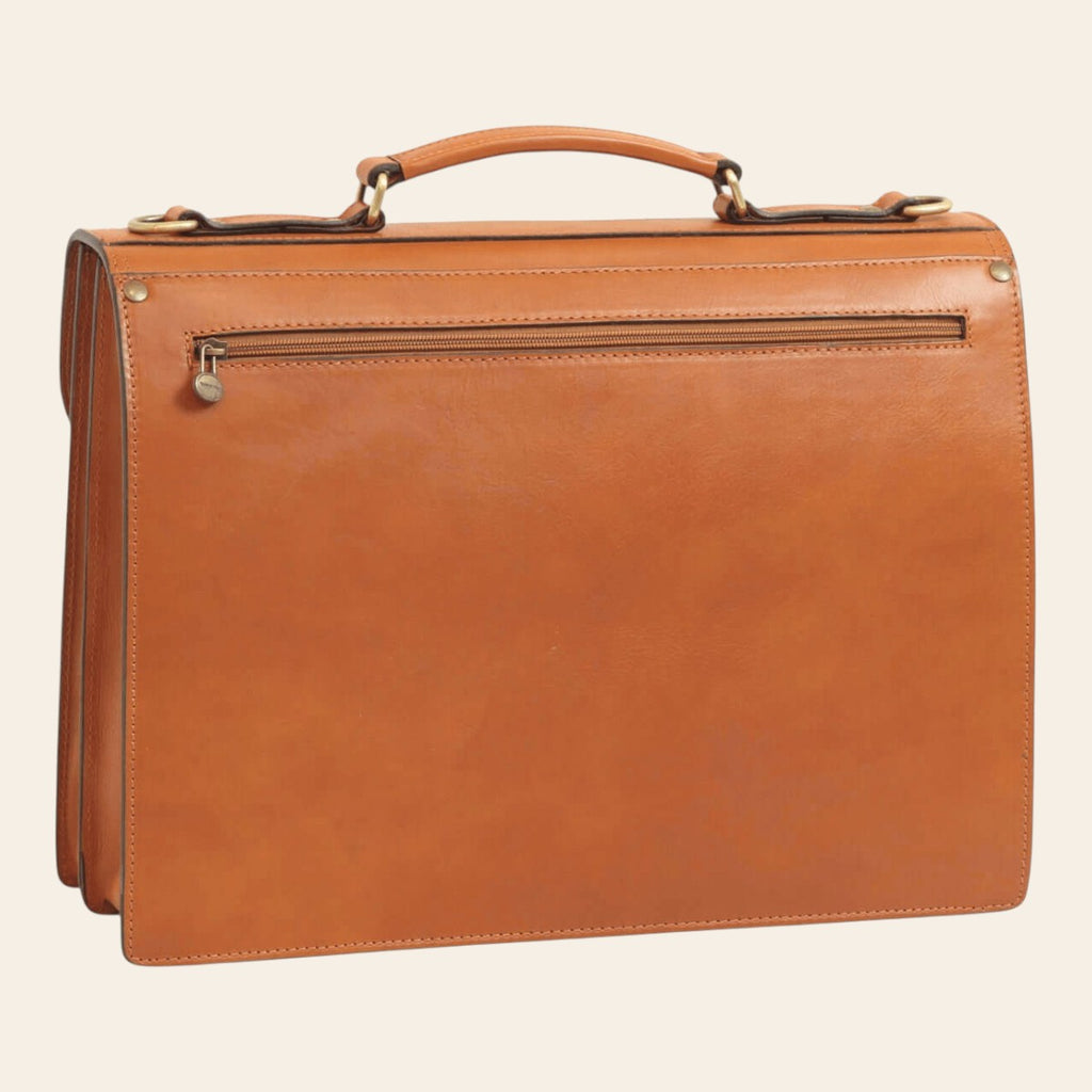Borsa in pelle marrone da uomo con manico superiore e tasca frontale con zip