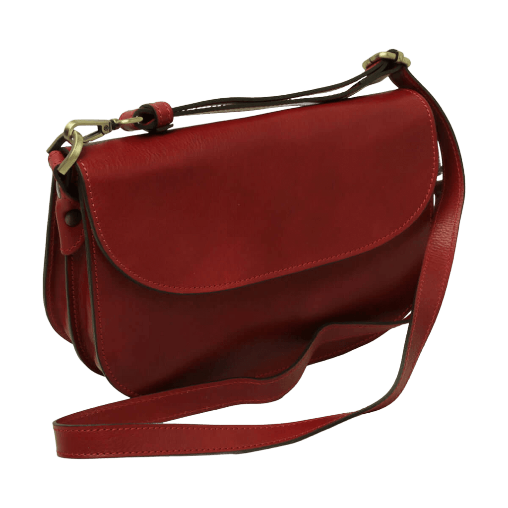 Borsa a tracolla in vitello pieno fiore rossa con patta e tracolla