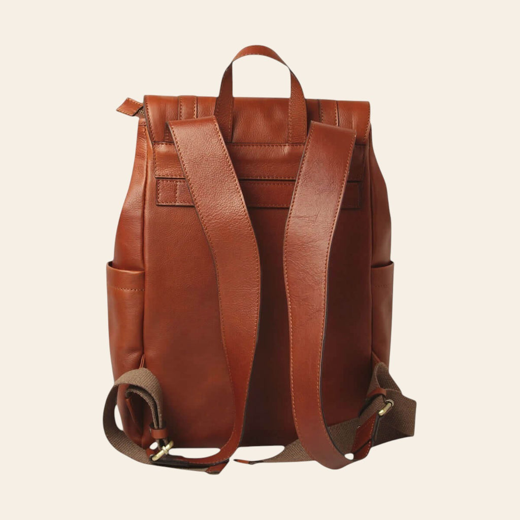 Zaino in pelle teak per laptop con due manici e bretelle regolabili posteriori