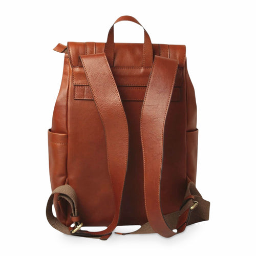 Zaino in pelle teak per laptop con due manici e bretelle regolabili posteriori