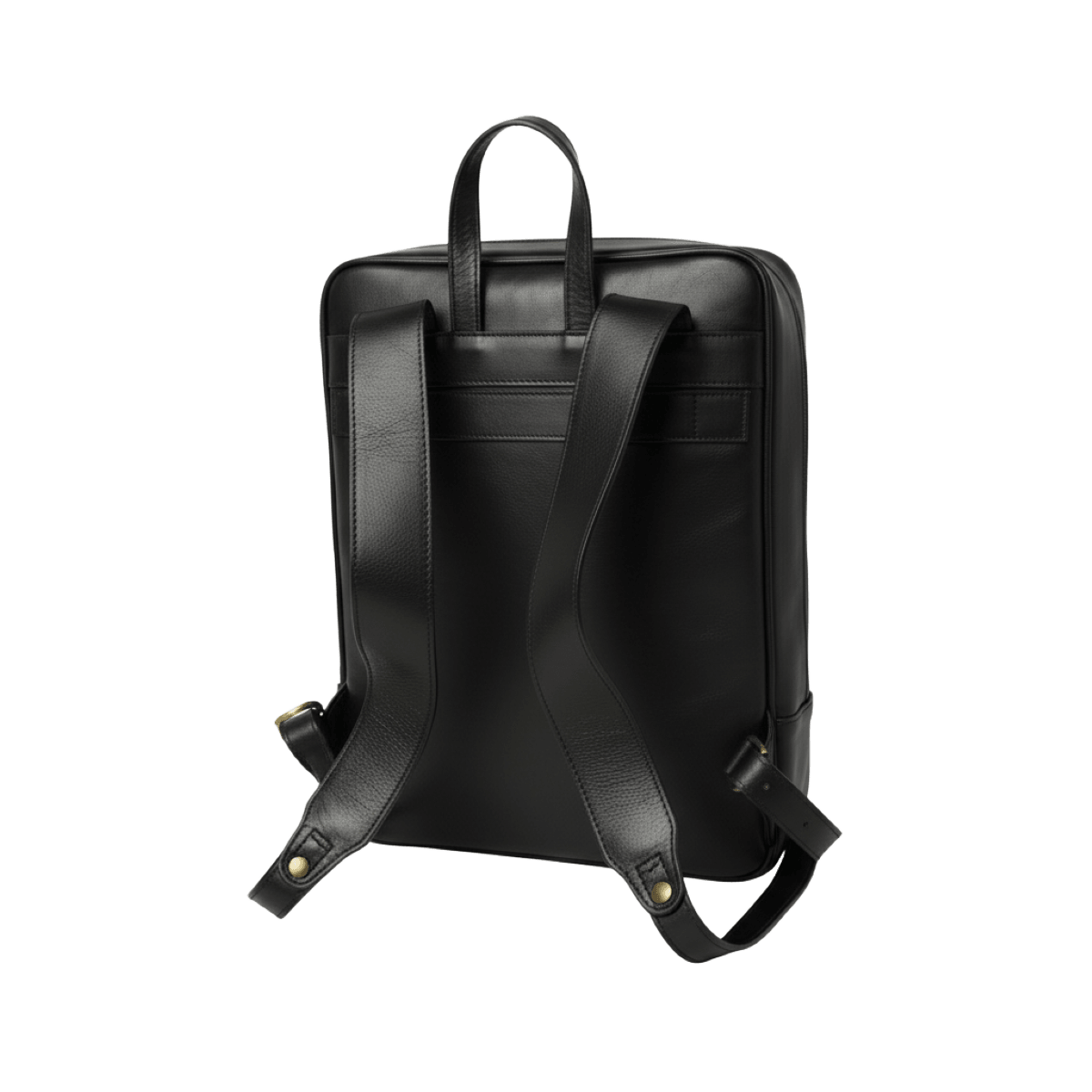 Zaino in pelle nero con spallacci imbottiti e fascia per trolley sul retro.