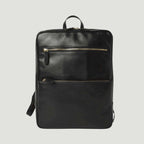 Zaino in pelle nera con fascia trolley e chiusura con zip, maniglia superiore.