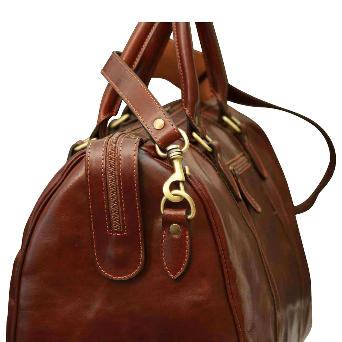 Borsa da viaggio in pelle marrone con tracolla e moschettone ad anello