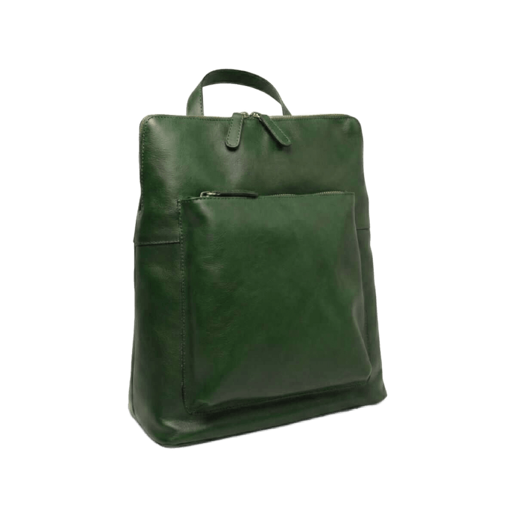 Zaino in pelle verde con manico e tasca anteriore con zip