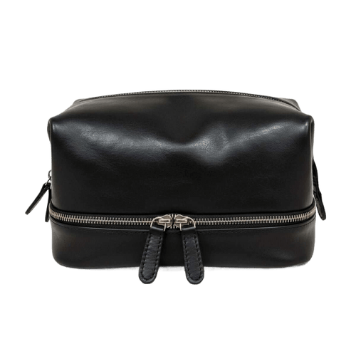 Beauty case in ecopelle nera con chiusura lampo e tirazip centrale