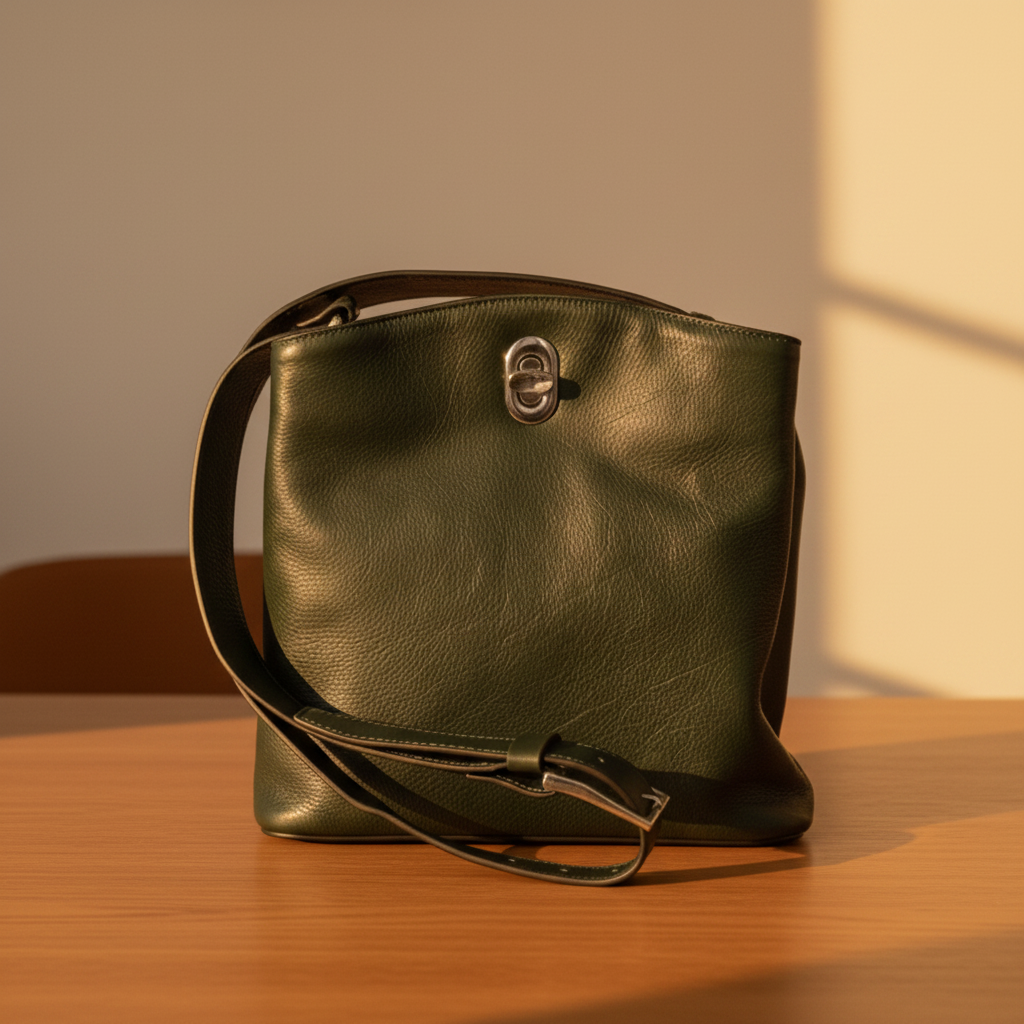 Borsa a secchiello in pelle verde con chiusura frontale e tracolla regolabile
