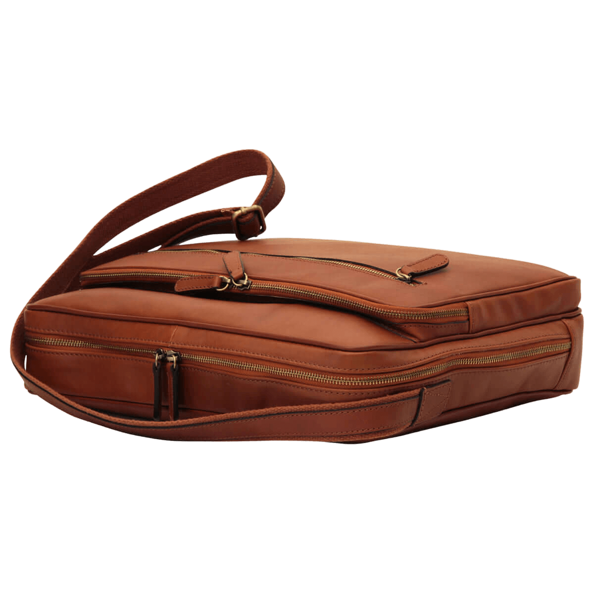 Borsa messenger in pelle marrone con zip superiori e tracolla
