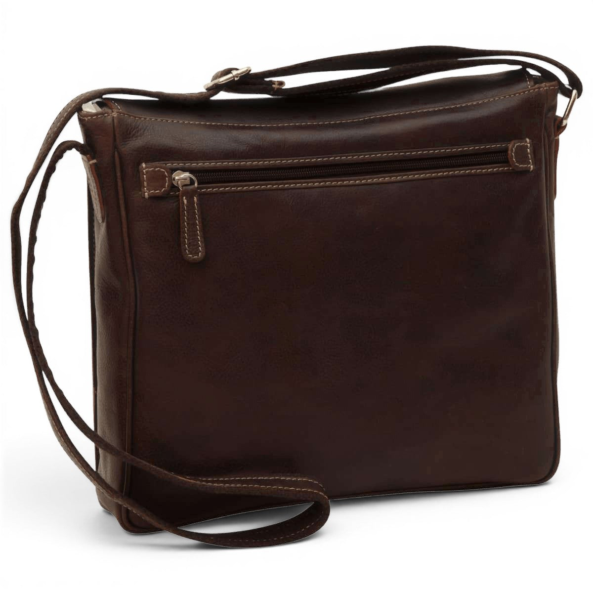 Borsa messenger in pelle marrone scuro con scomparto anteriore con zip