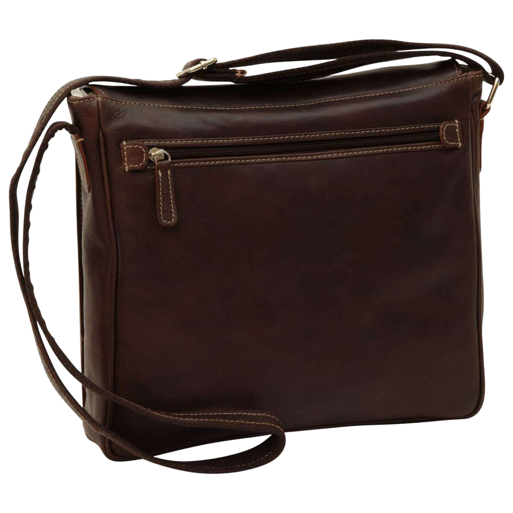 Borsa messenger in pelle marrone scuro con pattina e zip anteriore