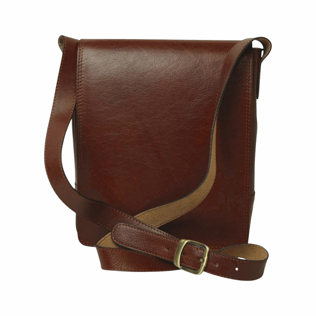 Borsa in pelle marrone con pattina frontale e tracolla, chiusura a fibbia.