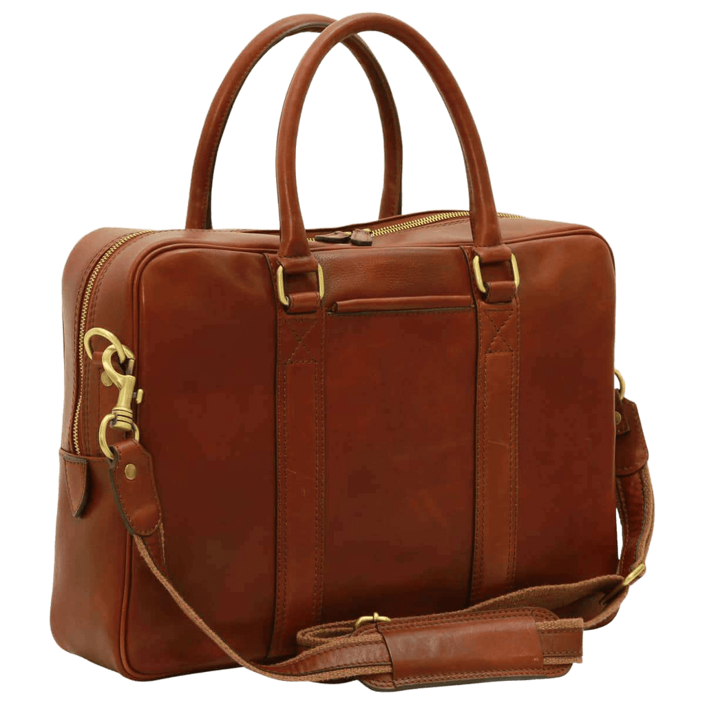 Borsa in pelle marrone mogano con due manici, tasca anteriore e tracolla