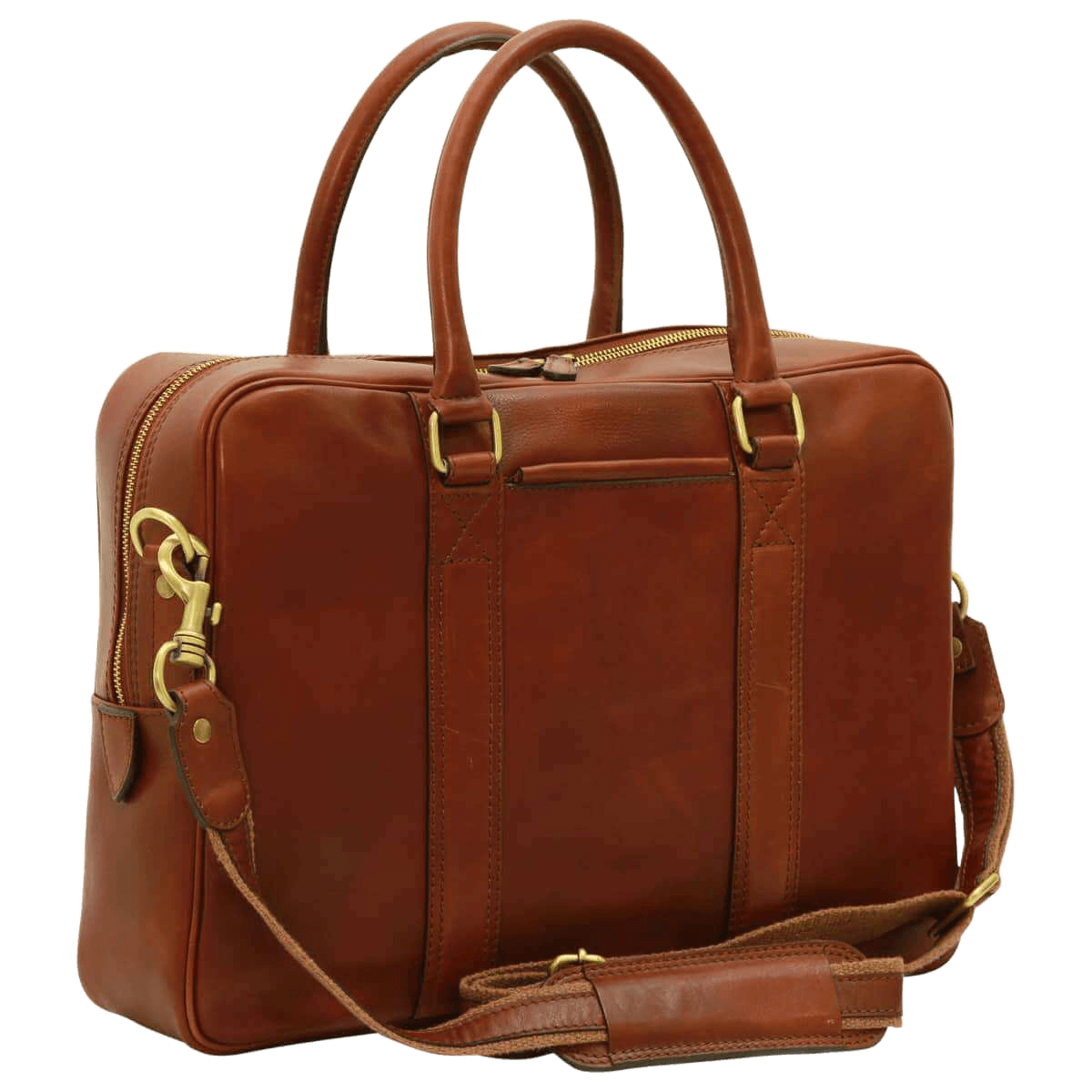 Borsa in pelle marrone mogano con due manici, tasca anteriore e tracolla