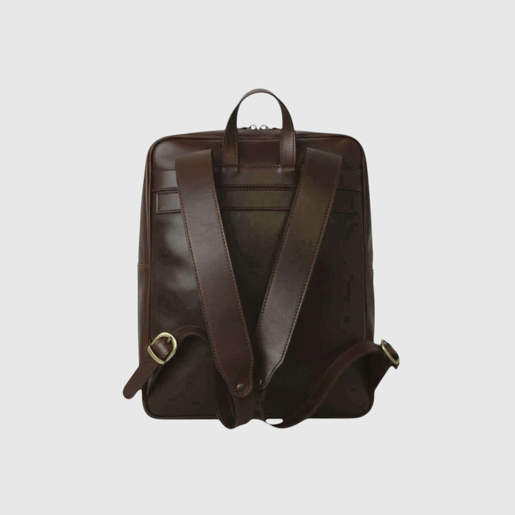 Zaino in pelle di vitello marrone scuro con spallacci regolabili e manico trolley