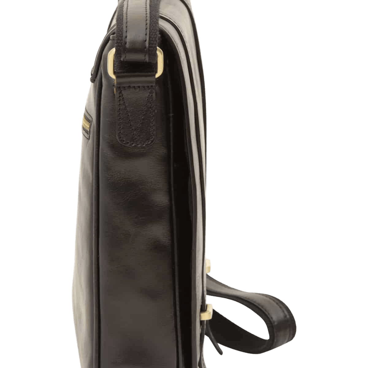 Borsa messenger in pelle nera, vista laterale con maniglia e tracolla
