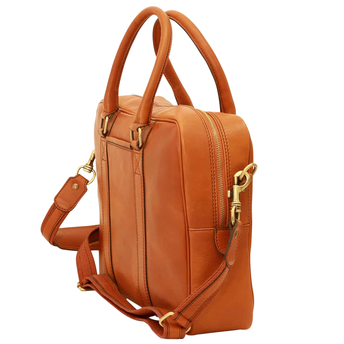 Cartella in pelle arancione con tracolla, manici e zip laterale metallica