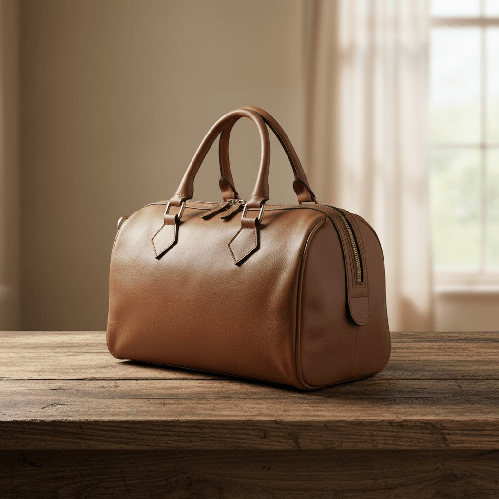 Bauletto in pelle marrone chiaro con due manici, zip e tasca laterale