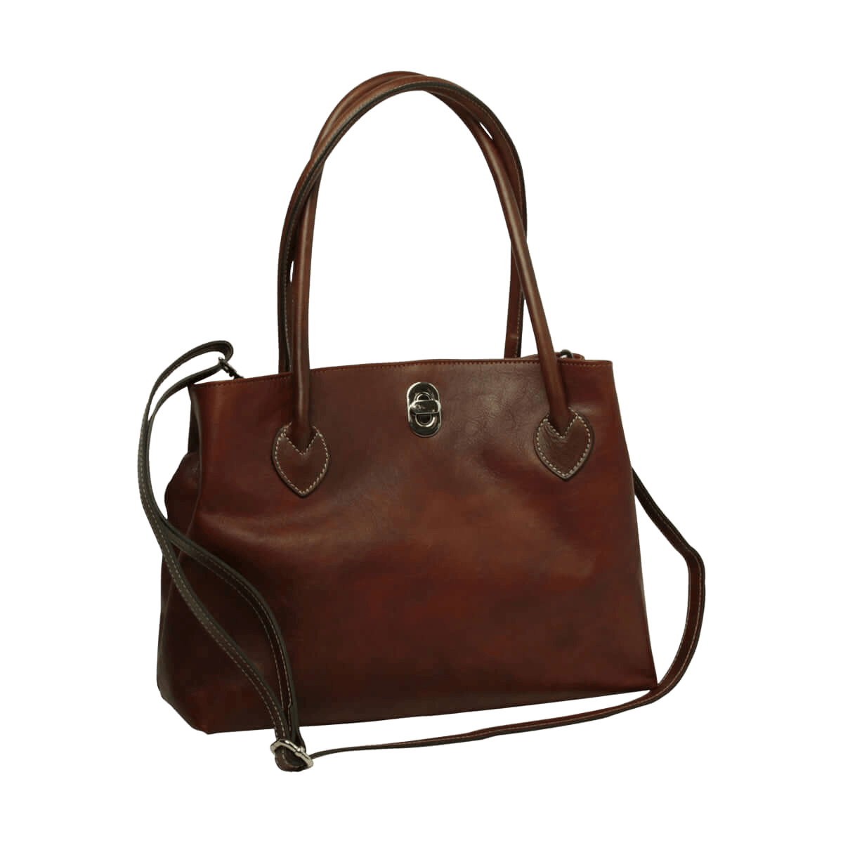 Borsa in pelle mogano con tracolla e doppio manico, inserti decorativi a cuore.