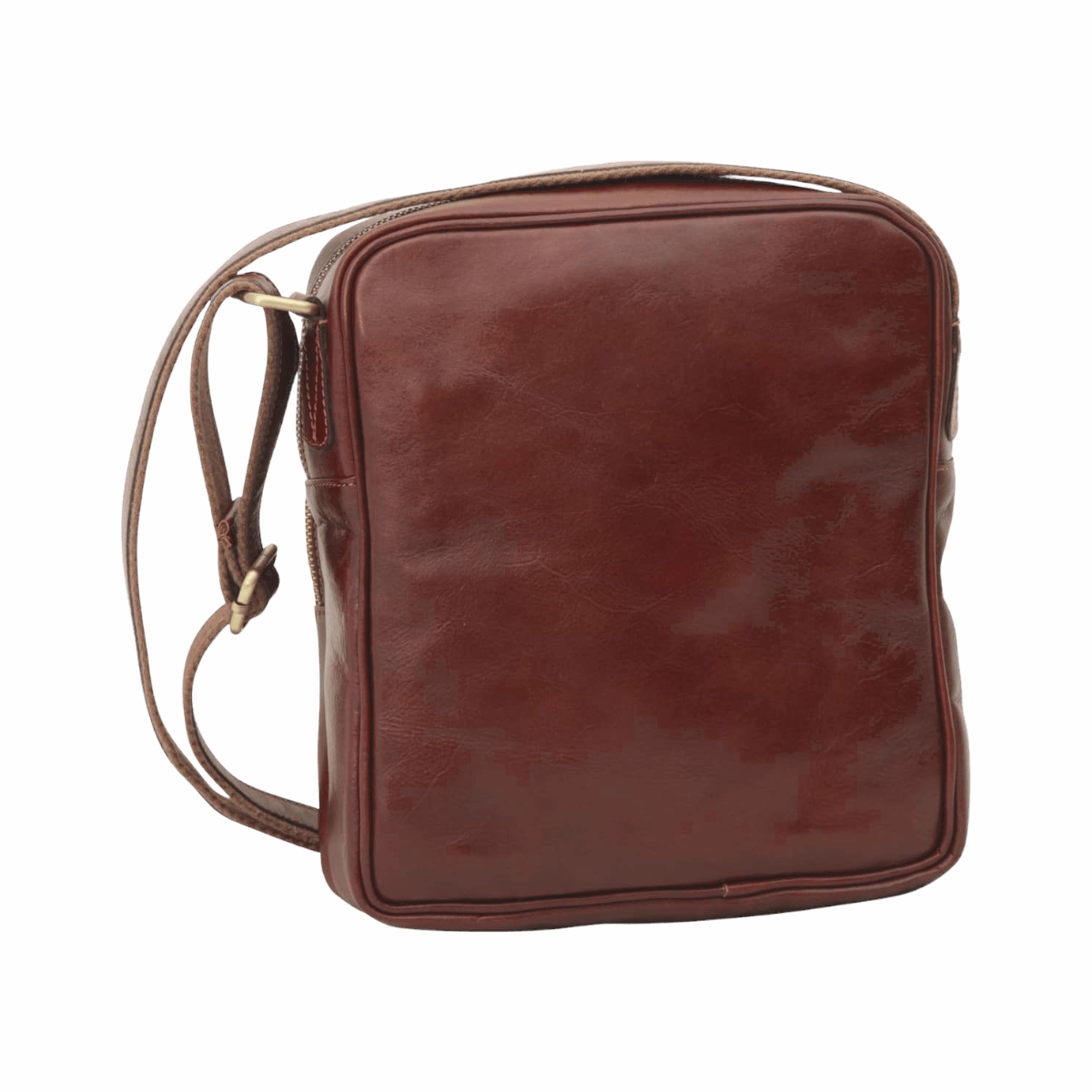 Borsa messenger in pelle marrone piccola con zip superiore e tracolla lunga