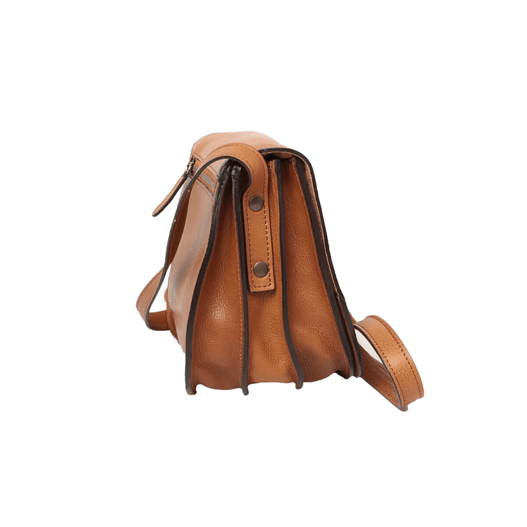 Borsa a tracolla in pelle cuoio, vista posteriore, passanti e cuciture con tracolla