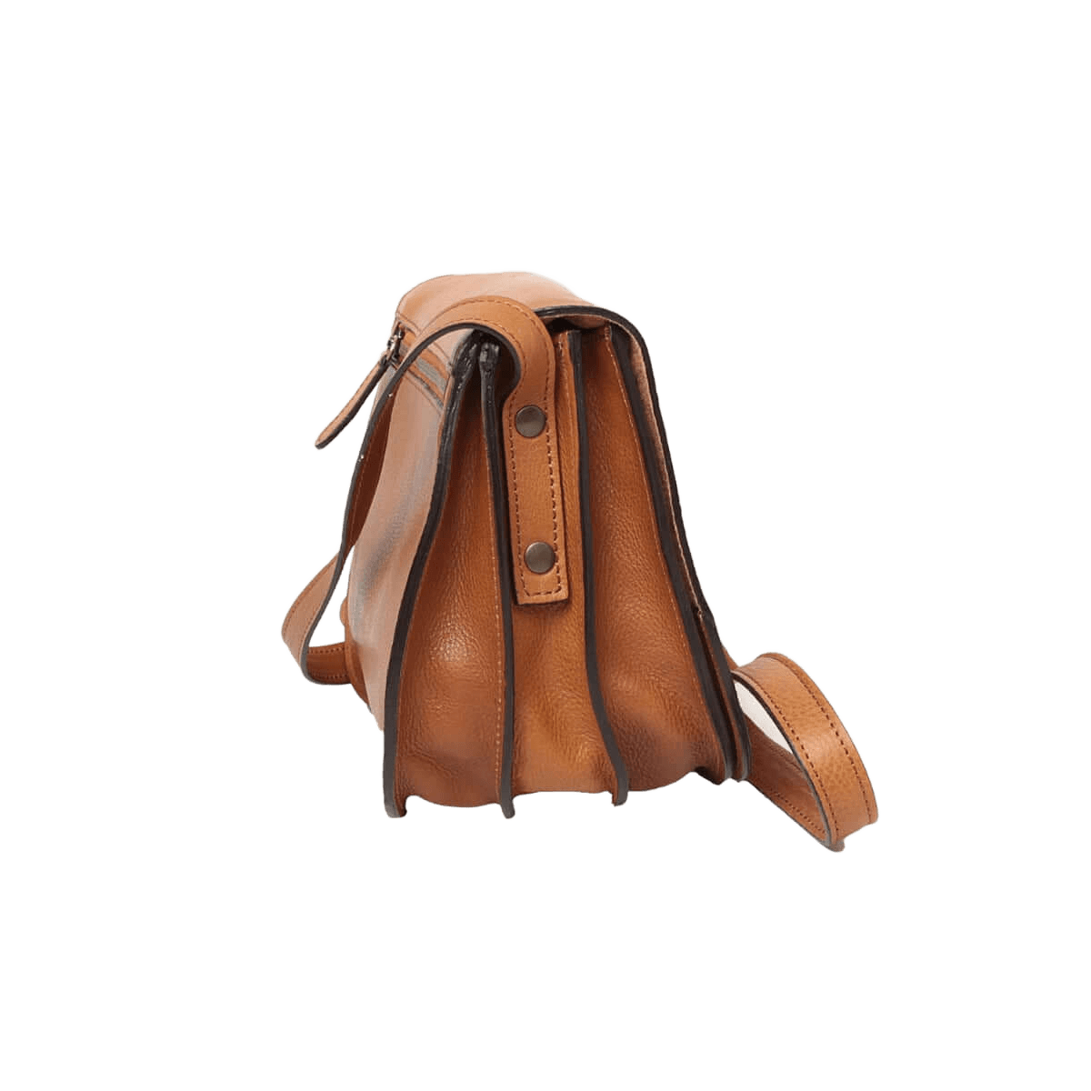 Borsa a tracolla in pelle cuoio, vista posteriore, passanti e cuciture con tracolla