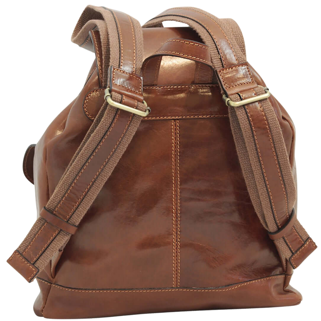 Zaino in pelle marrone con spallacci regolabili e tasche frontali