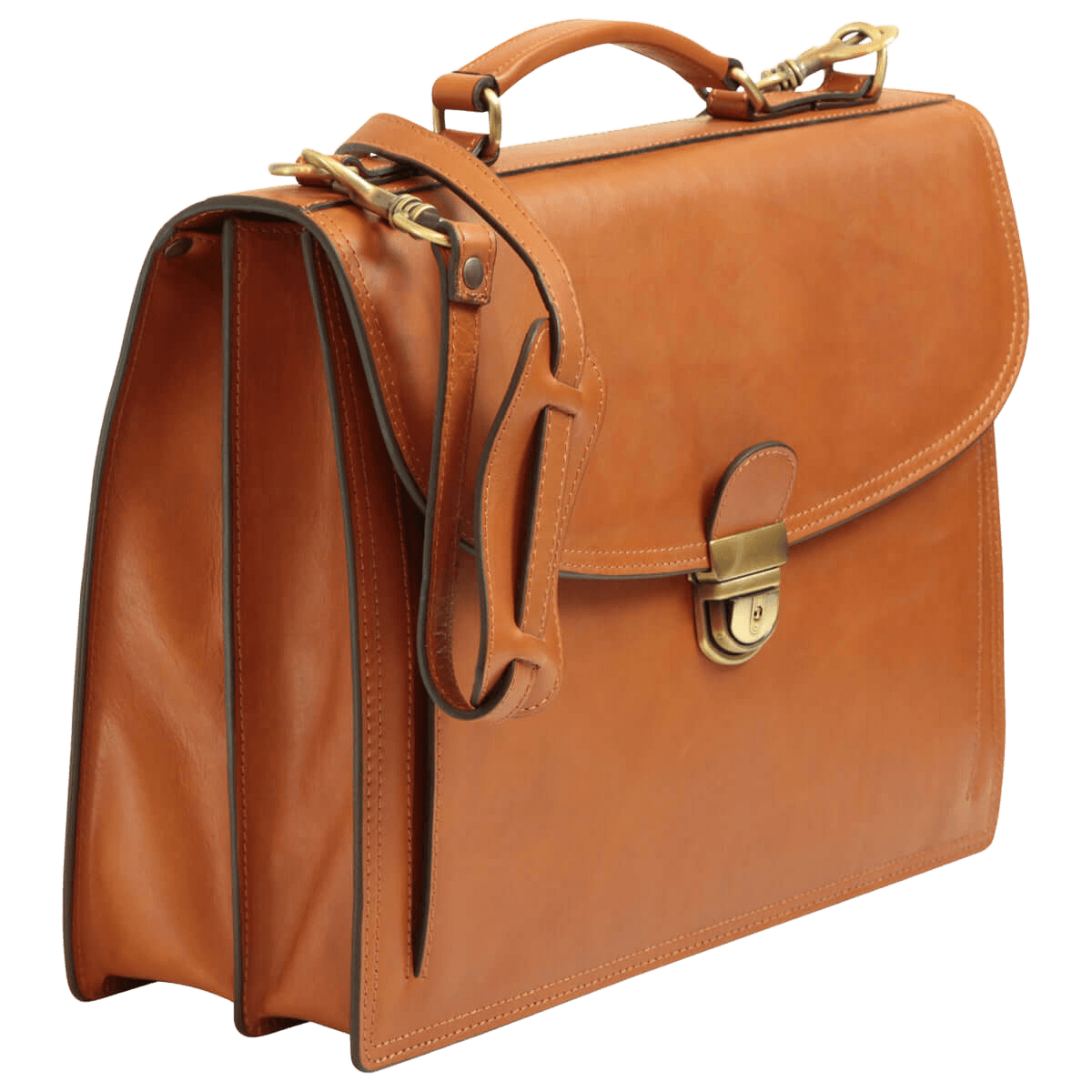 Borsa in pelle da uomo marrone con tracolla e dettagli cucitura, interni a vista