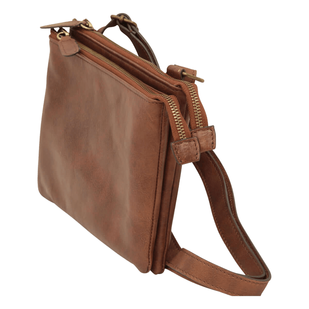 Borsa a tracolla in vitello marrone con zip perimetrale e tasca frontale
