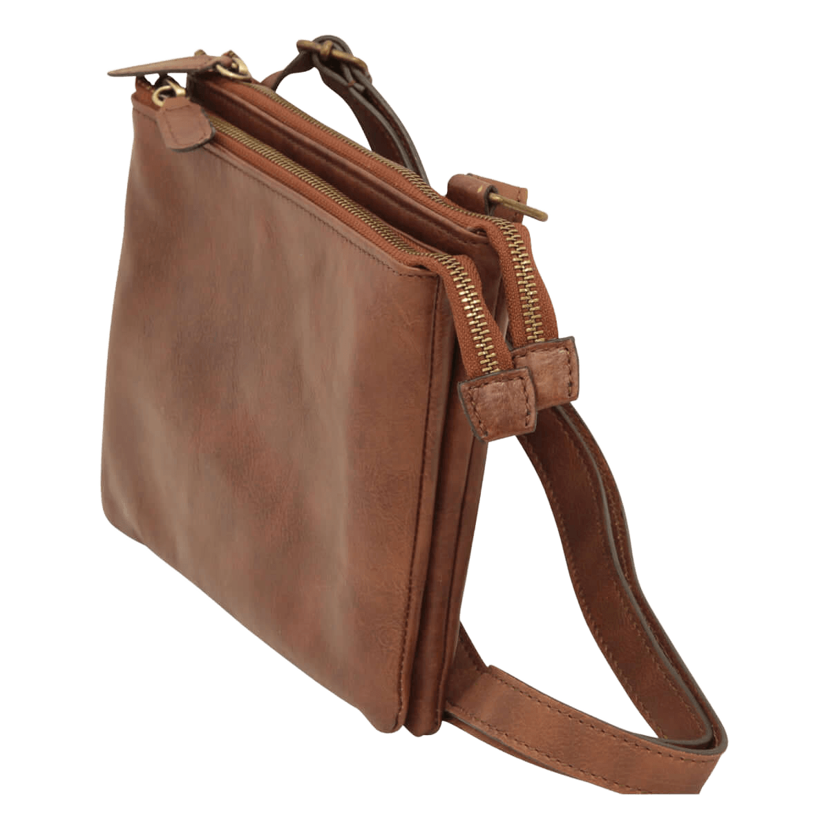 Borsa a tracolla in vitello marrone con zip perimetrale e tasca frontale