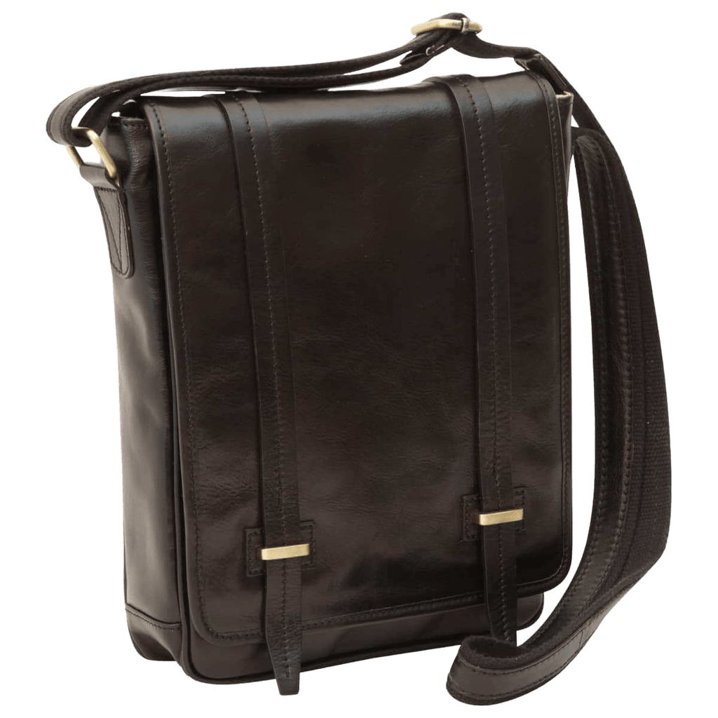 Borsa messenger in pelle nera con patta e doppia chiusura magnetica, tracolla