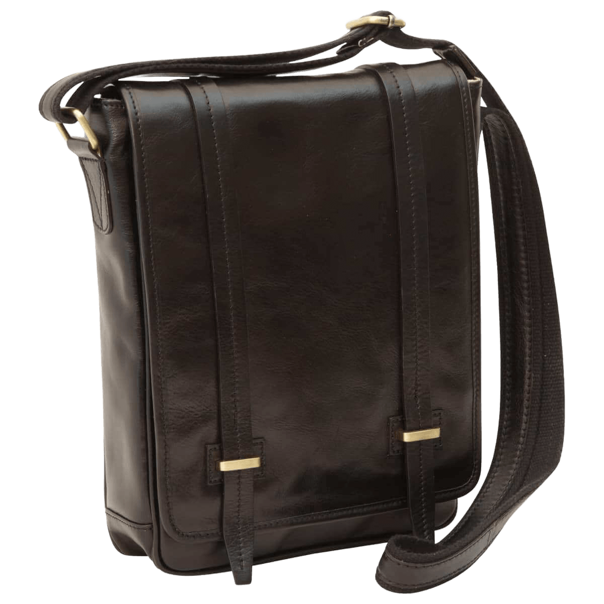 Borsa messenger in pelle nera con patta e doppia chiusura magnetica, tracolla