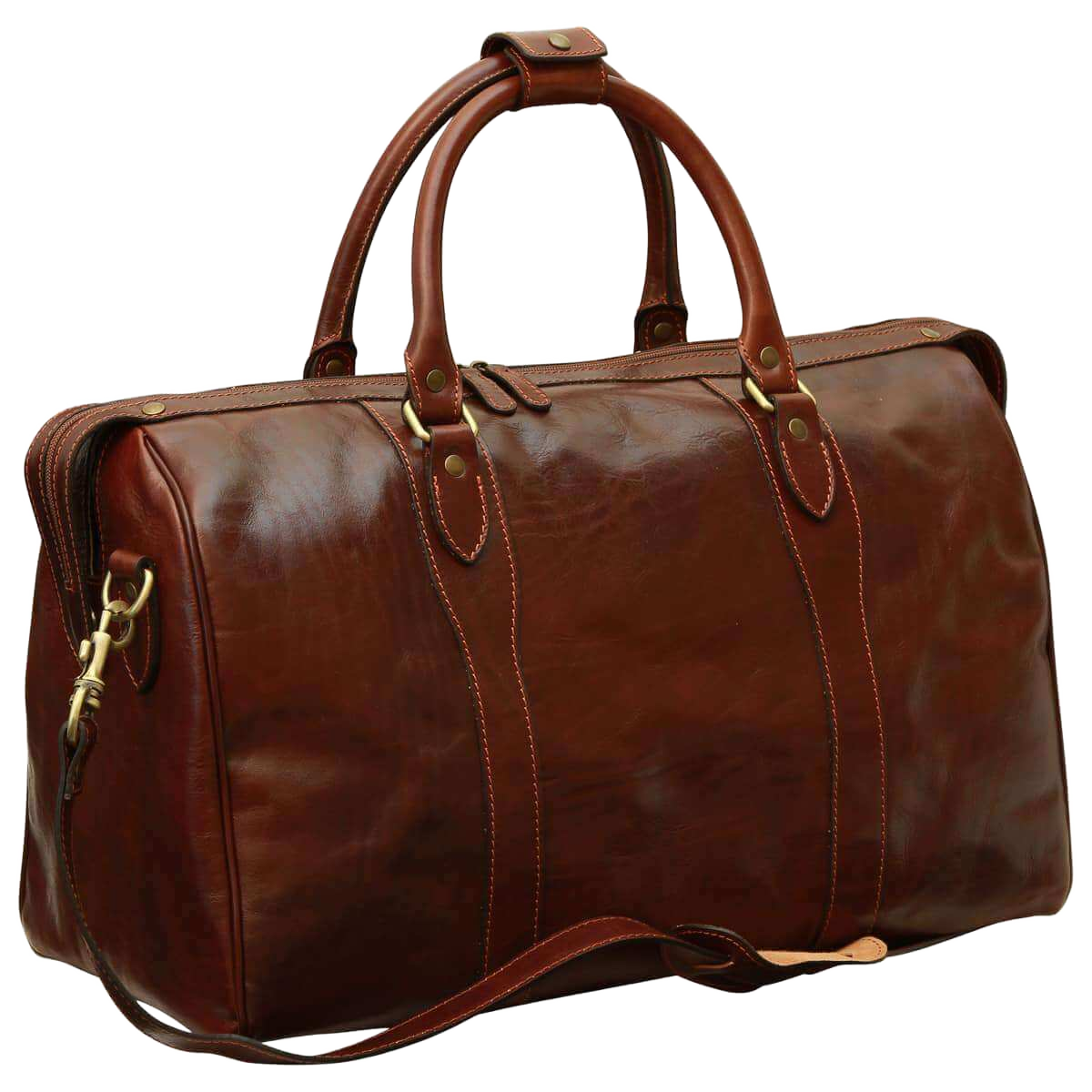 Borsa da viaggio in pelle marrone con manici e tasca frontale con zip