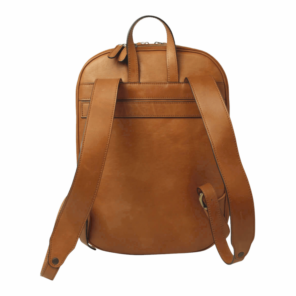 Zaino in vitello morbido color cuoio con fascia trolley e manici in pelle