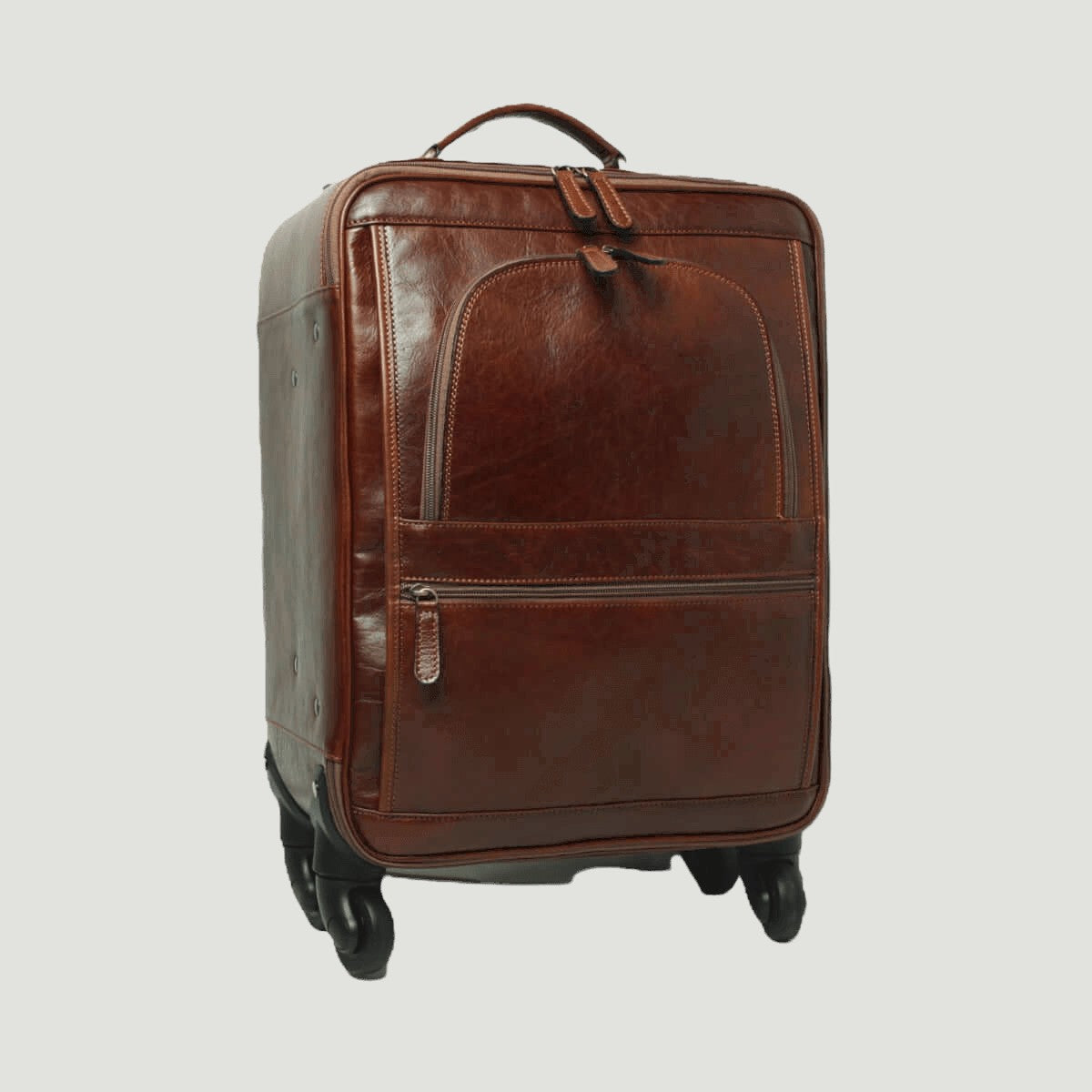 Trolley in pelle marrone con maniglia e tasca frontale con zip