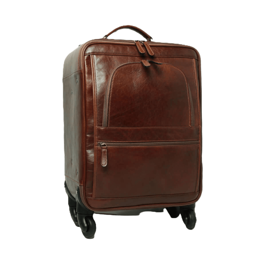 Trolley in pelle marrone con maniglia superiore e doppie ruote posteriori