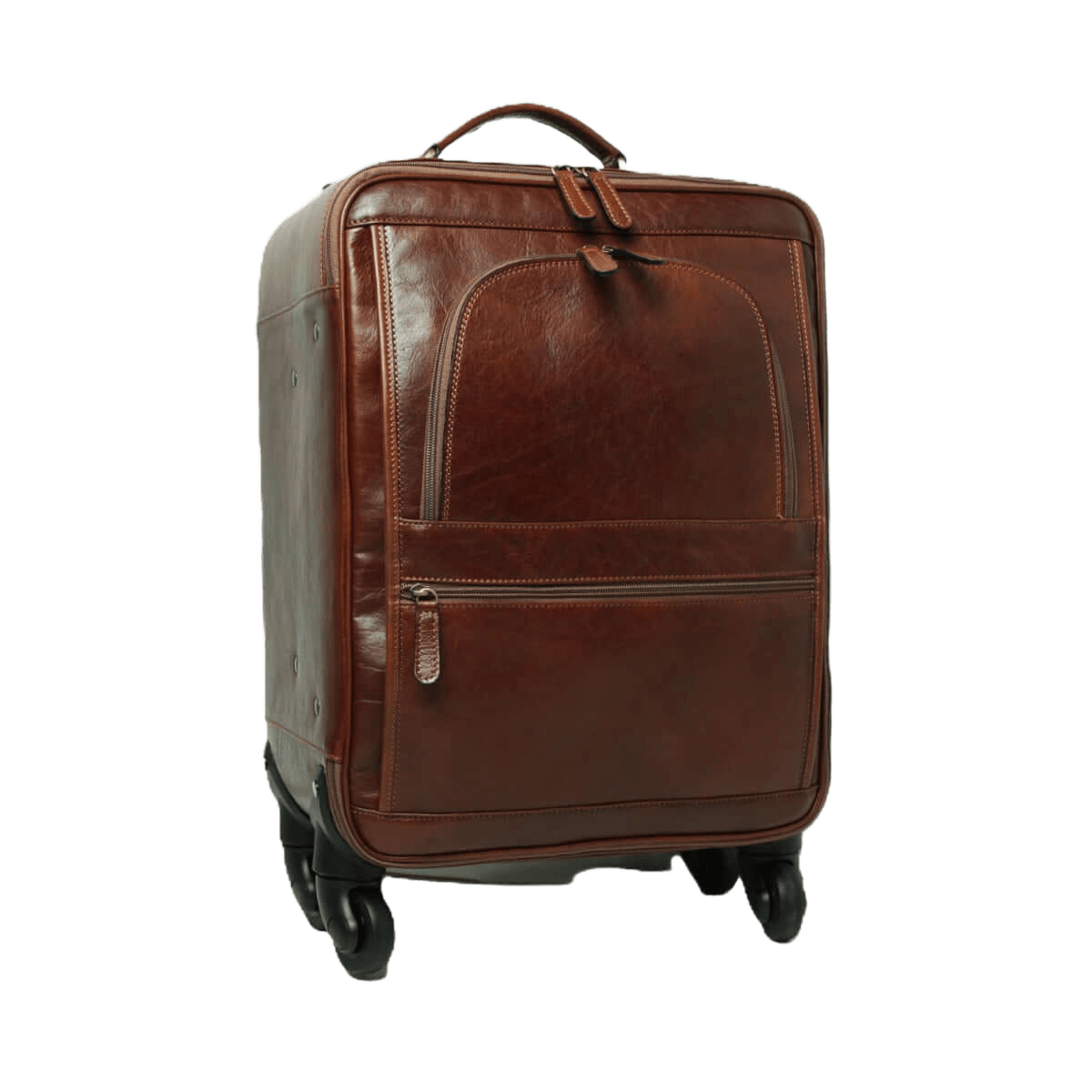 Trolley in pelle marrone con maniglia superiore e doppie ruote posteriori