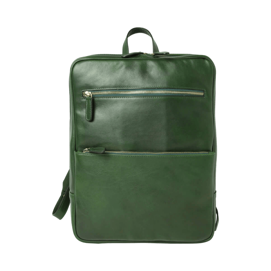 Zaino in pelle verde con fascia per trolley e zip superiore