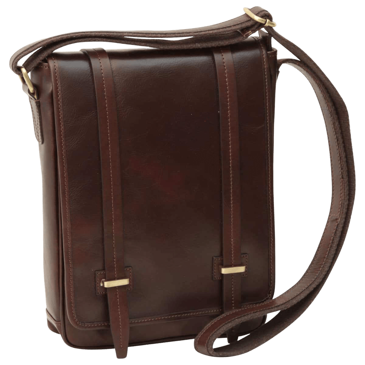 Borsa messenger marrone scuro in pelle con patta e tracolla regolabile