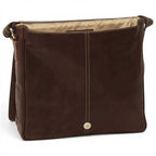 Borsa messenger in pelle marrone scuro con fodera chiara e bottone