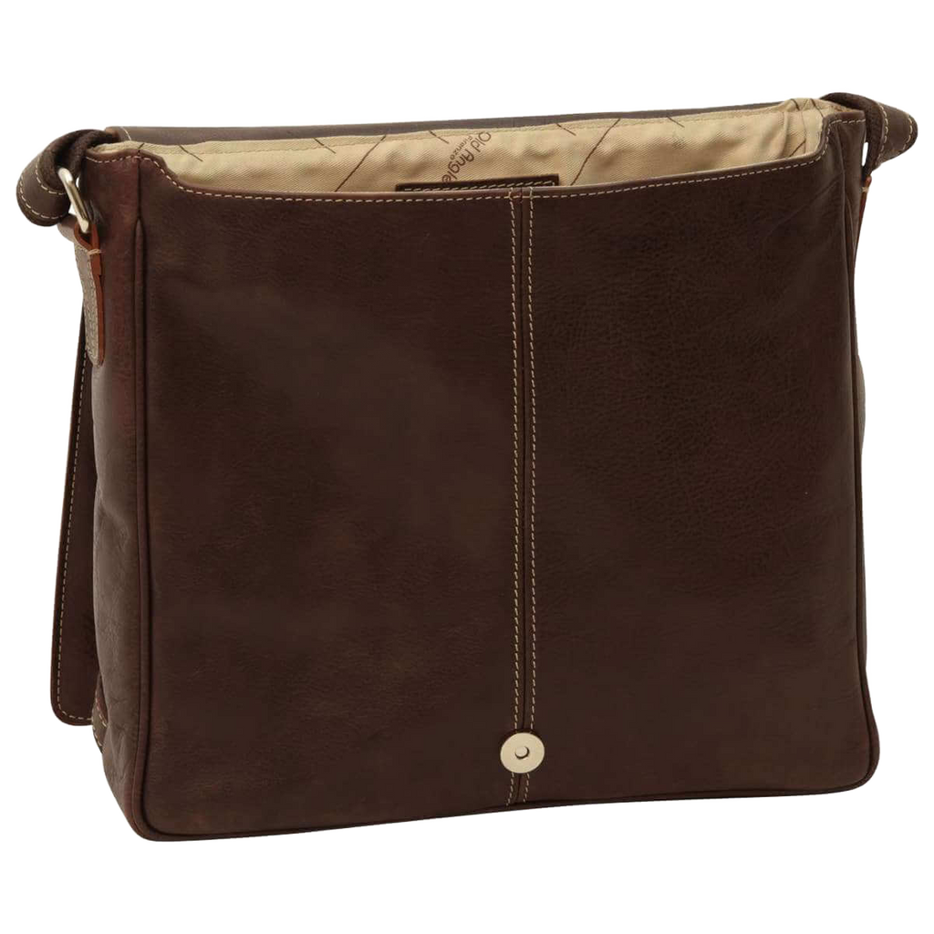 Borsa messenger in pelle marrone scuro con tasca posteriore e chiusura a bottone