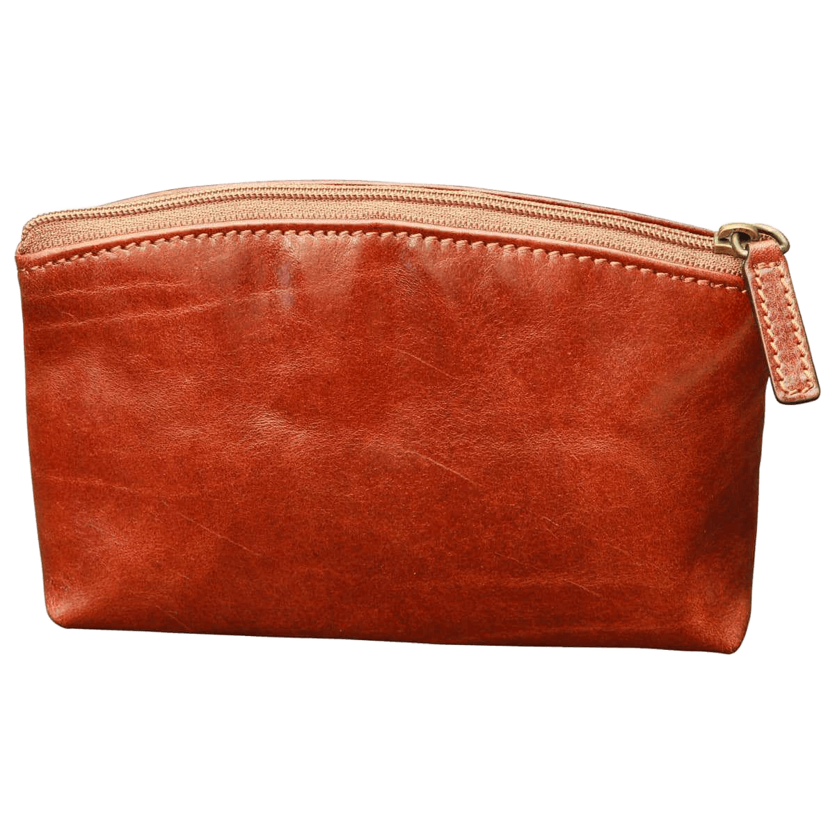 Astuccio beauty in vera pelle marrone Old Angler con zip e maniglia laterale.