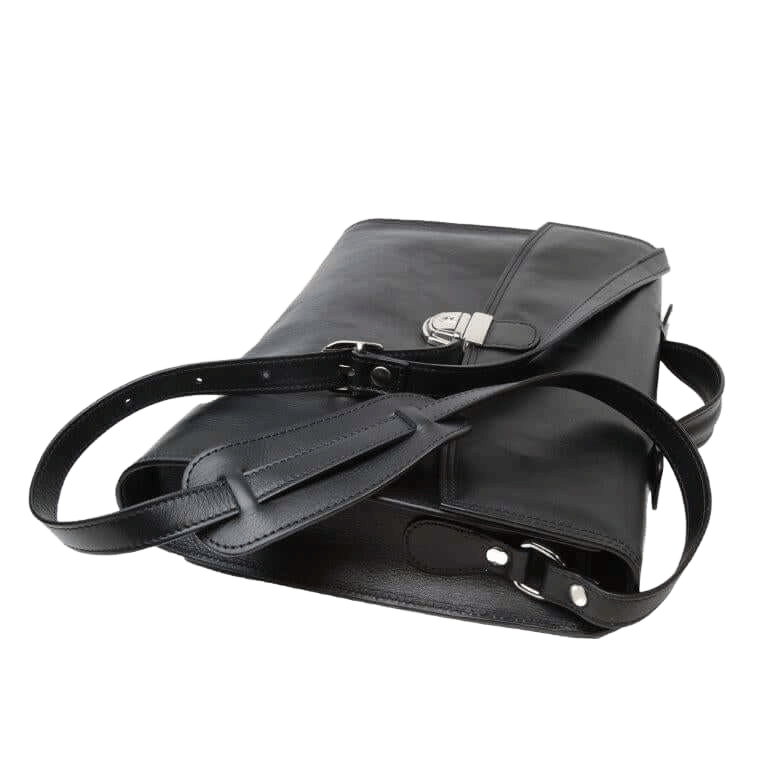 Borsa da ufficio in pelle nera con tracolla e patta con fibbia