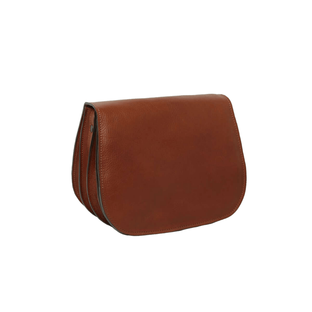 Borsa a tracolla in pelle marrone Teak, patta frontale e cuciture laterali