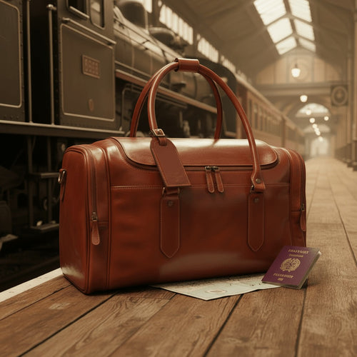 Borsa da viaggio in pelle color cuoio con manici e tracolla staccabile