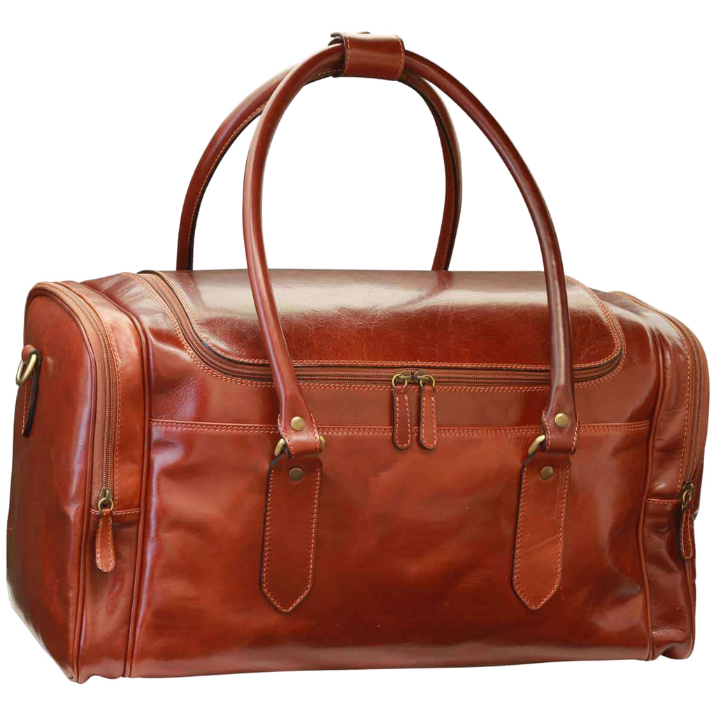 Borsa da viaggio in pelle pieno fiore marrone scuro, manici doppi e zip frontale