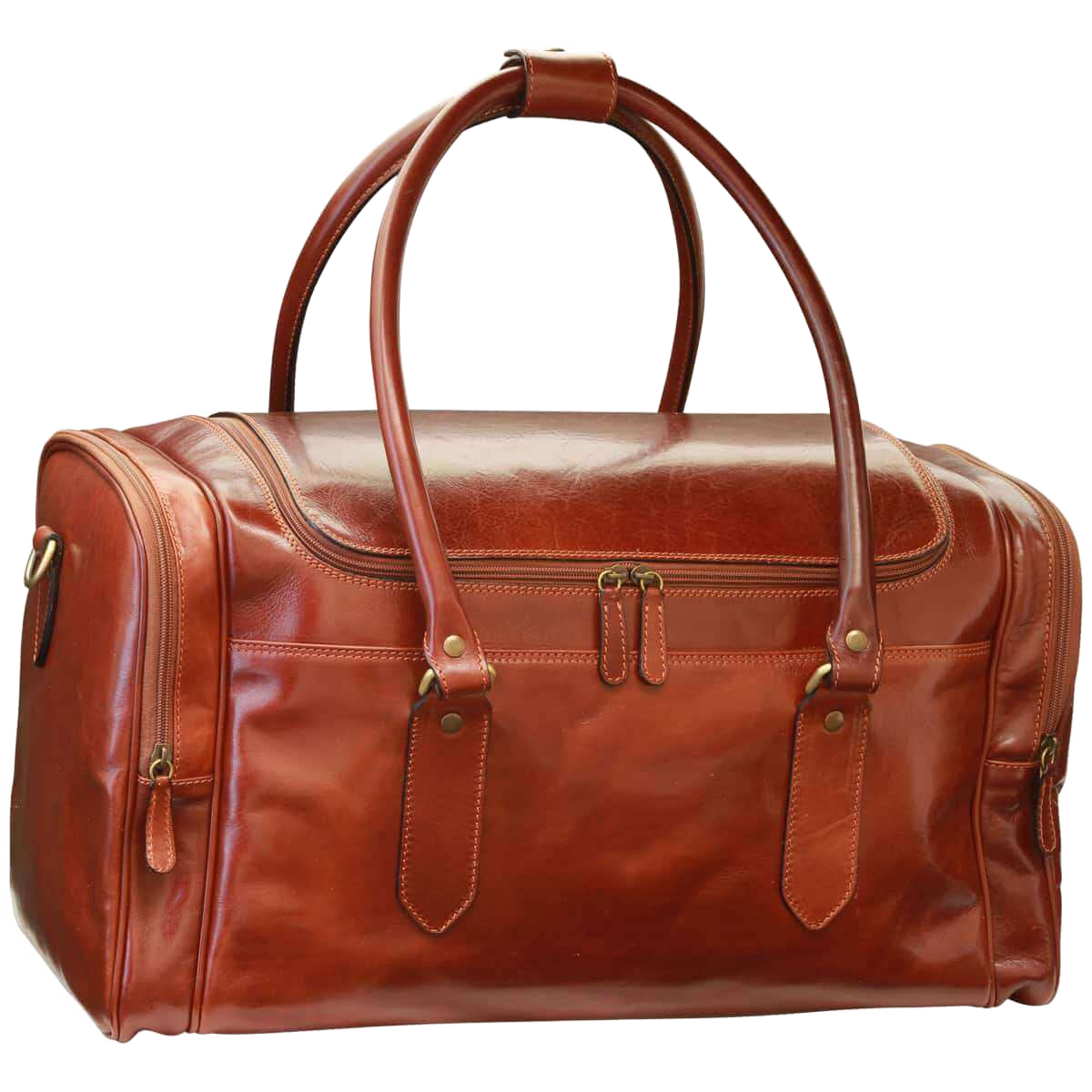 Borsa da viaggio in pelle pieno fiore marrone scuro, manici doppi e zip frontale