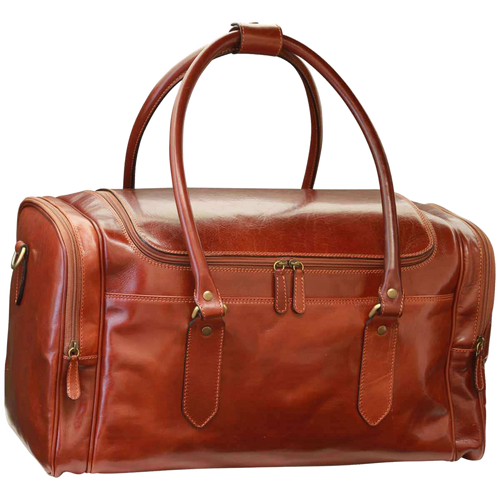 Borsa da viaggio in pelle pieno fiore marrone scuro, manici doppi e zip frontale