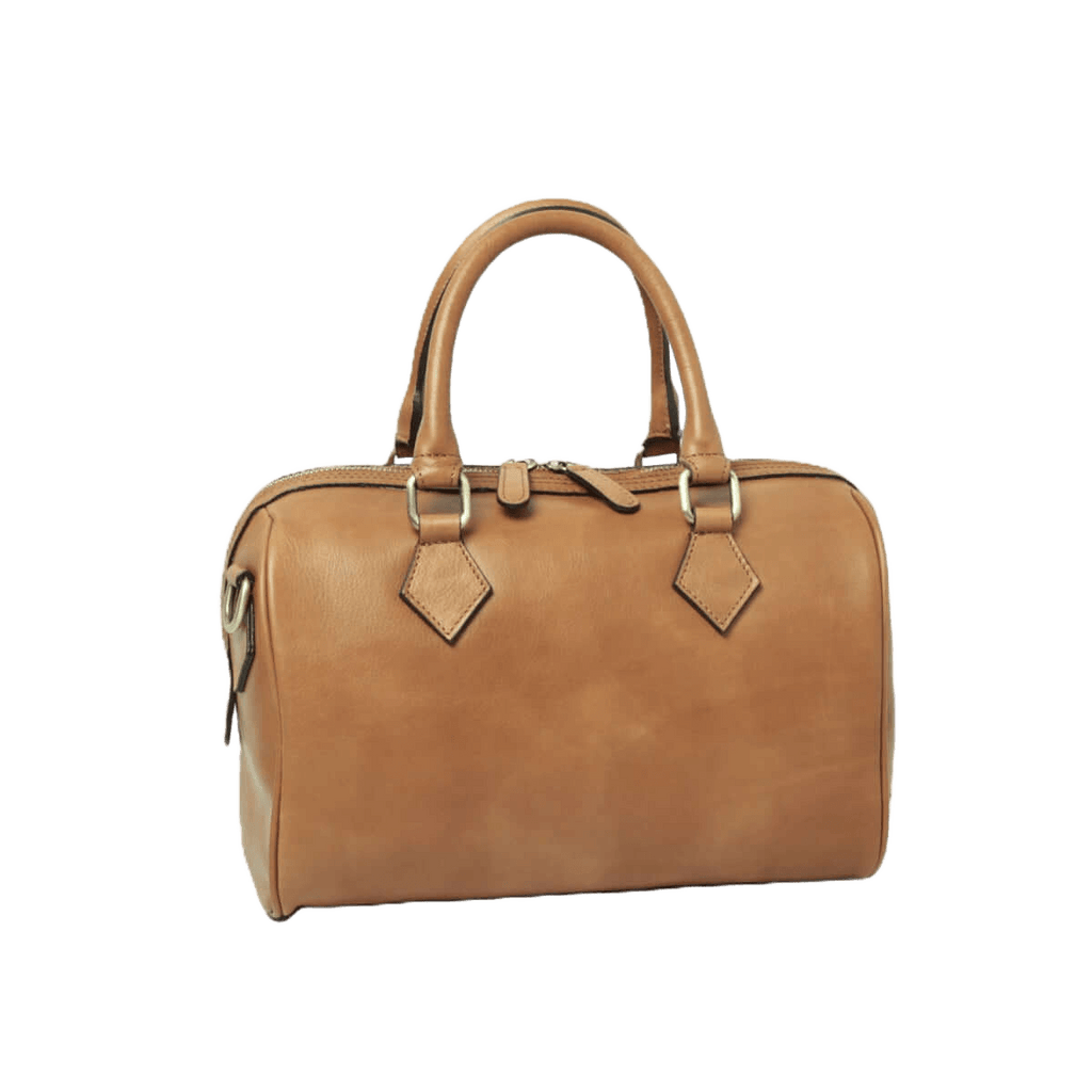 Bauletto in pelle color cuoio con due manici e chiusura frontale