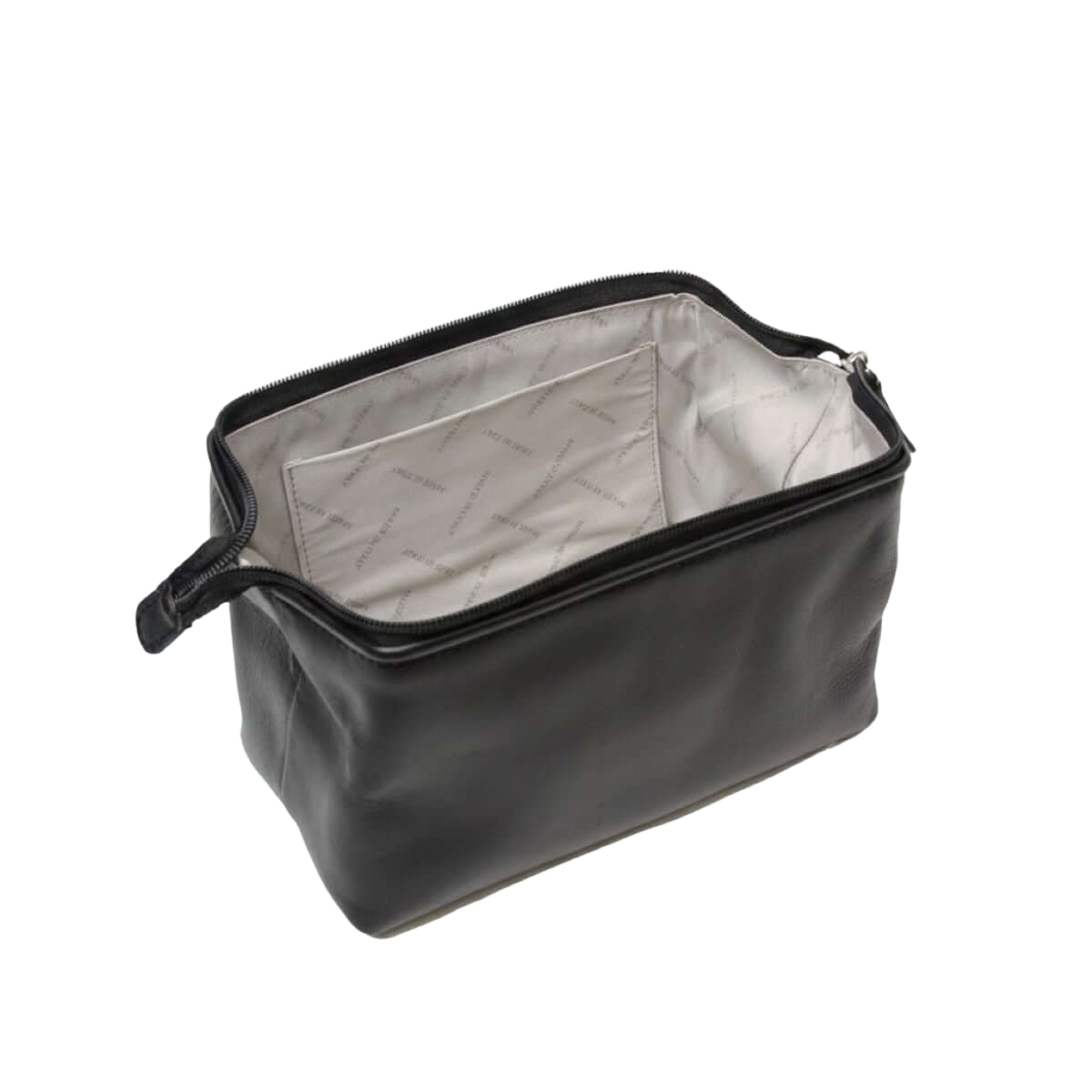 Beauty case in pelle nero aperto con fodera interna e zip perimetrale