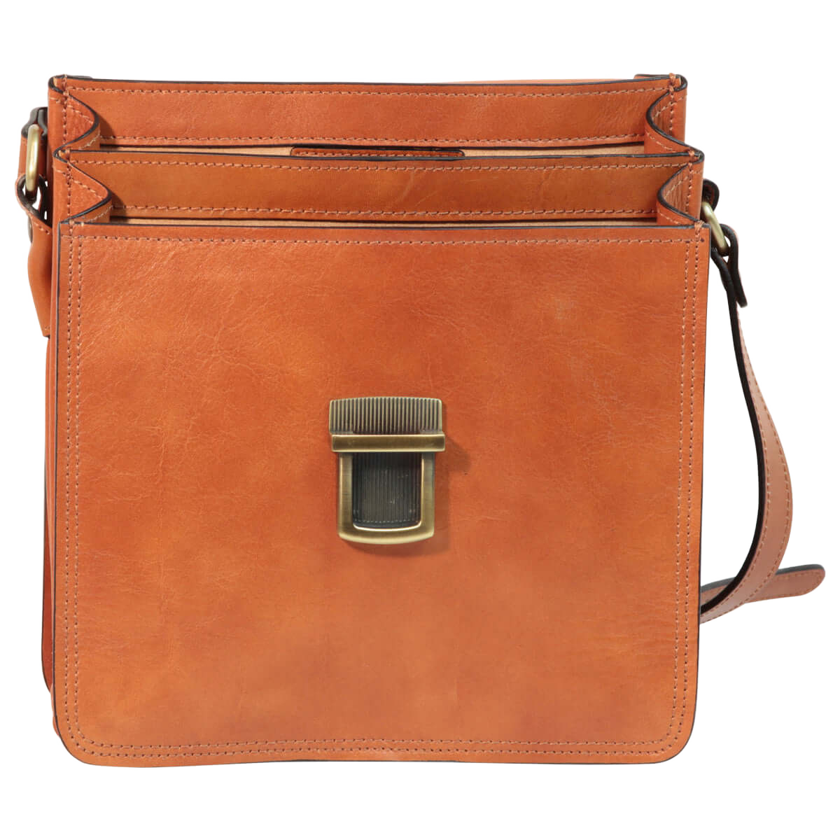 Borsa a tracolla in pelle marrone con tasca frontale e fermaglio metallico